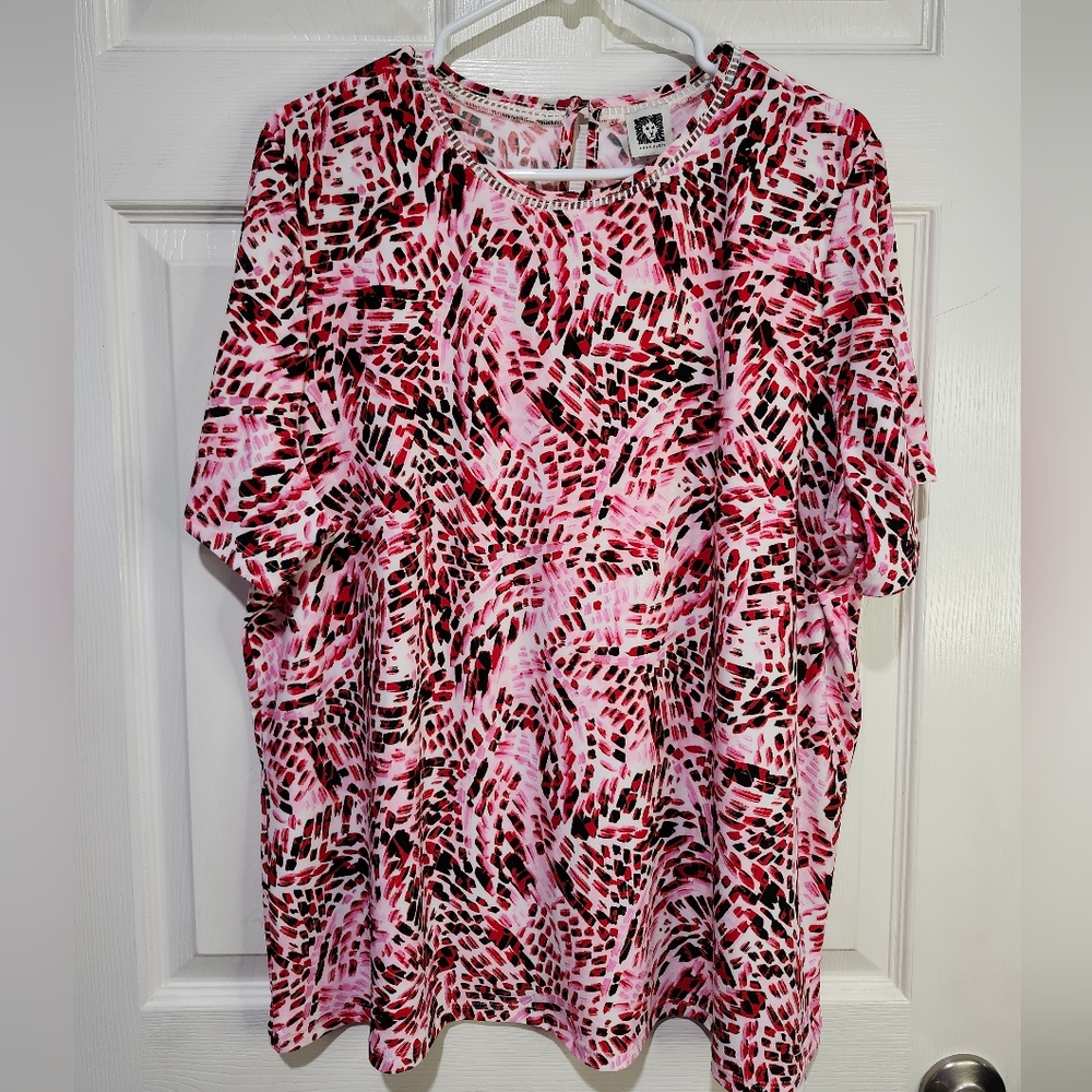 Anne Klein Womens Firery Red Print Top Size 2X